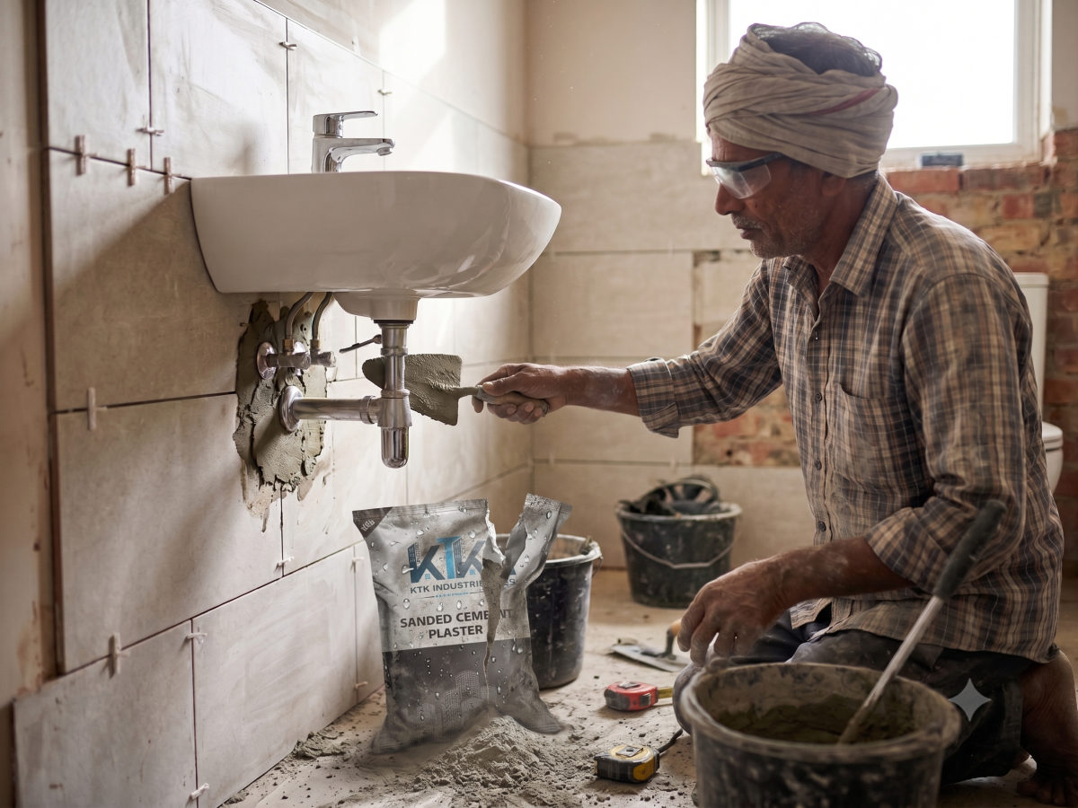Sanded Cement Plaster used to fix and seal a wash basin fitting on site.